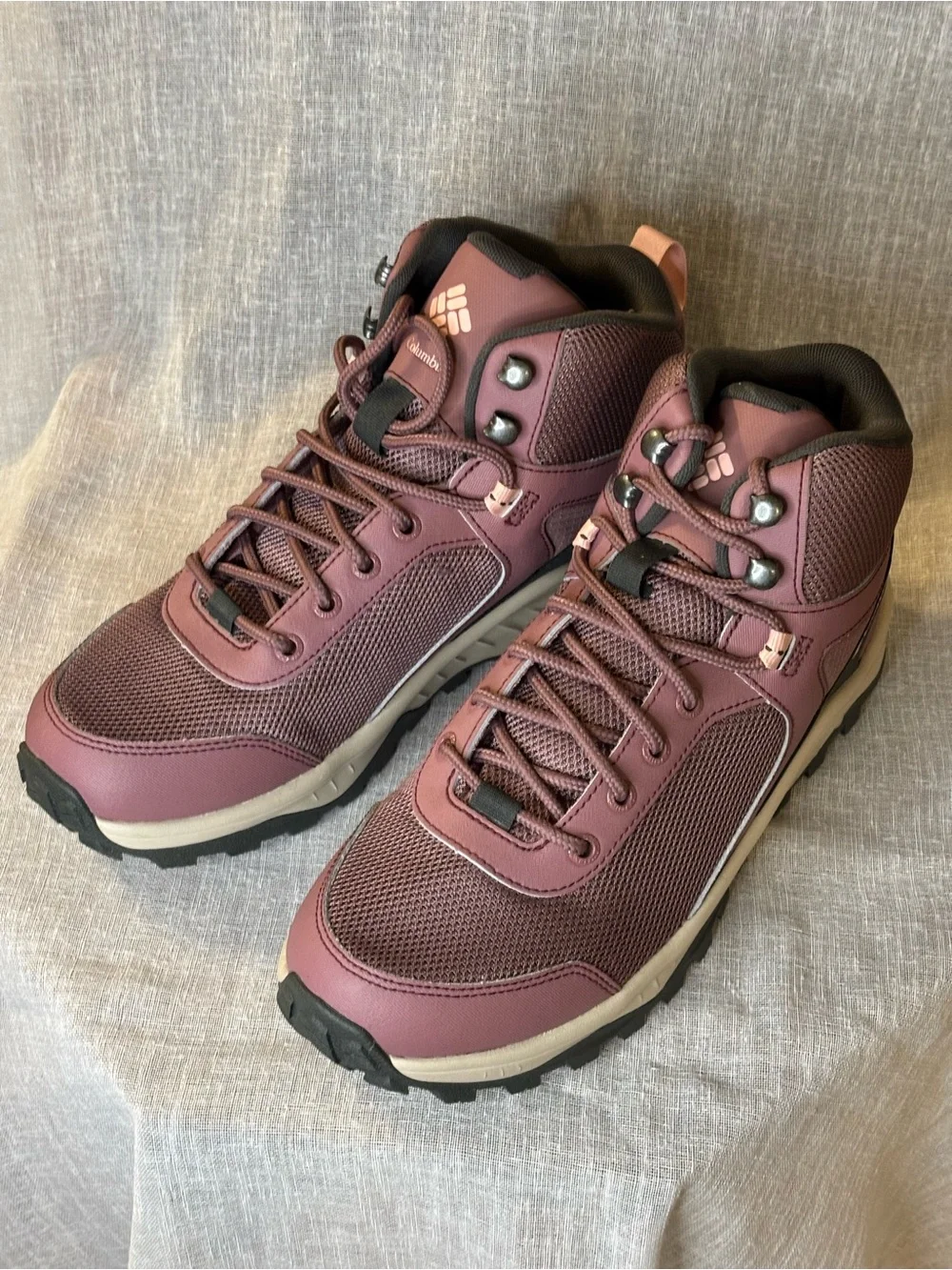 Columbia Women's Dusty Burgundy/Tan Trail Mid-Top Hiking Shoes weatherproof.
